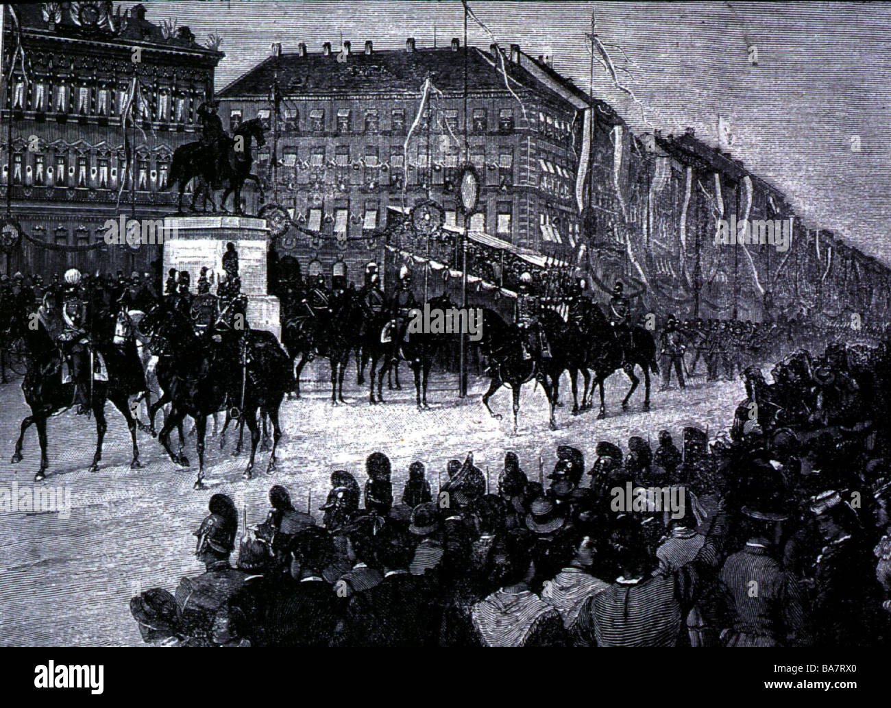 Ereignisse, Französisch-Französischer Krieg 1870 - 1871, die bayerischen Truppen, die München betreten, Parade in der Ludwigsstraße, 17.7.1871, Holzgravur, 1871, Militär, Soldaten, Sieg, König Louis II, Ludwig, Bayern, Deutschland, 19. Jahrhundert, historisch, historisch, Menschen, Stockfoto