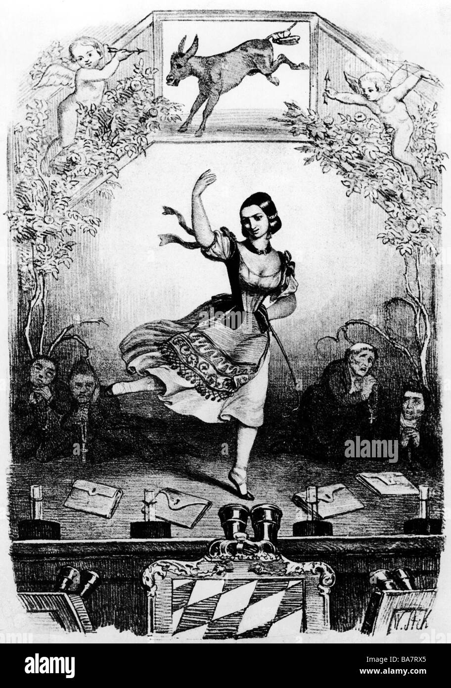 Montez, Lola, 17.2.181 - 17.1.1861, irischer Tänzer, Karikatur "Lola Montez tanzt bayrische Geschichte", Zeichnung, 1846/1847, Stockfoto