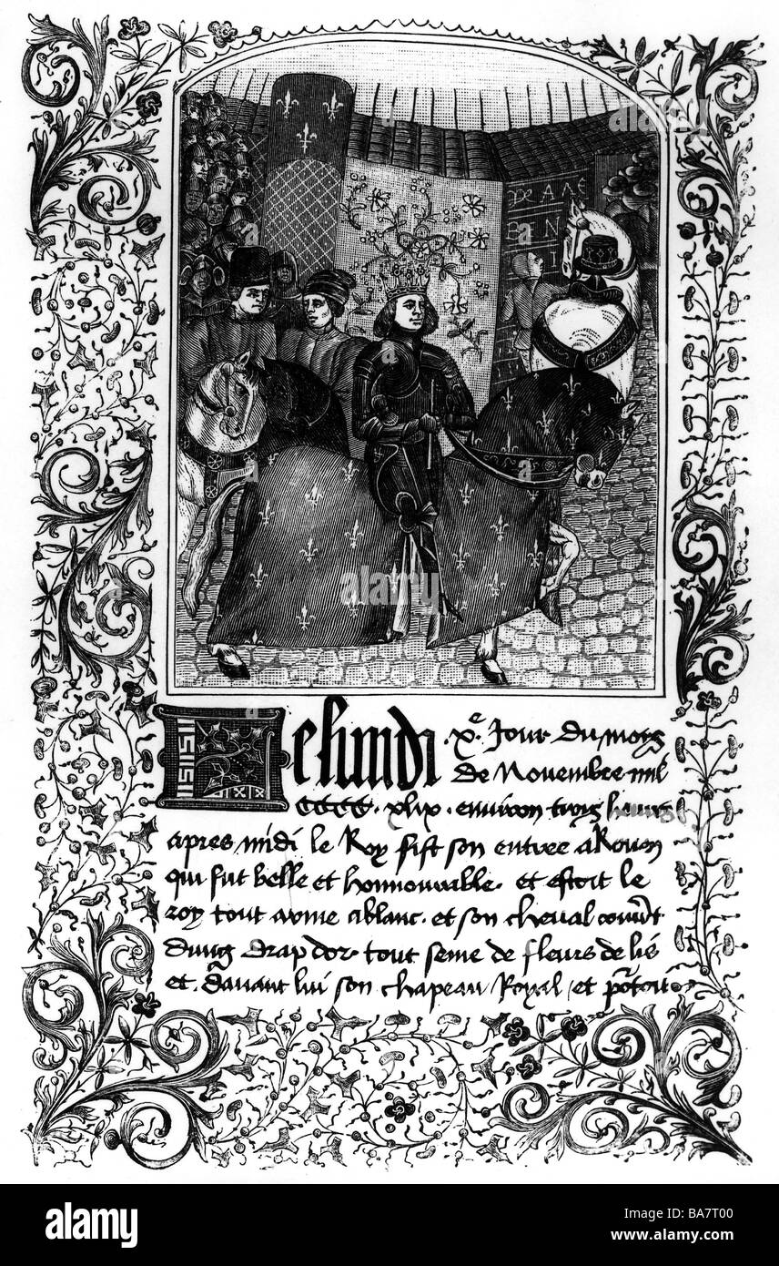 Karl VII "der Siegreiche", 22.2.1403 - 22.7.1461, König von Frankreich 1422 - 1461, in Rouen 1450, Holzgravur, 19. Jahrhundert, nach zeitgenössischer Miniatur, halbe Länge, Stockfoto