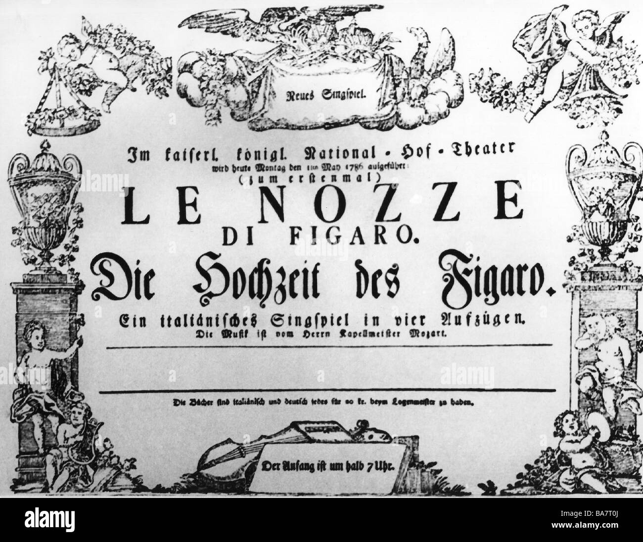 Mozart, Wolfgang Amadeus, 27.1.176 - 5.12.1701, österreichischer Musiker (Komponist), Theatervermerk zur Premiere der Oper "Die Ehe des Figaro", Wien, 1.5.815, Stockfoto
