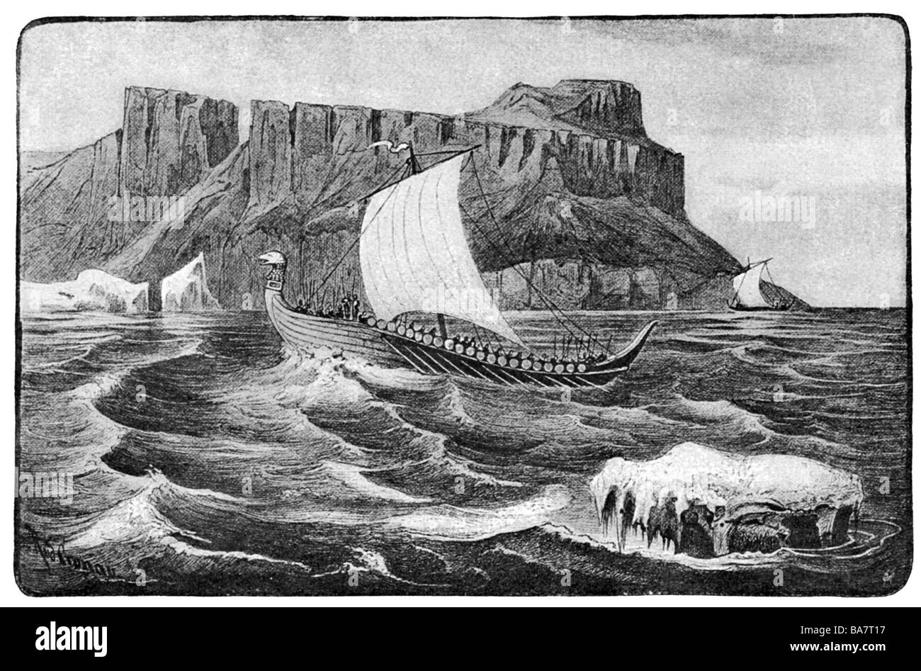 Mittelalter, Wikinger, Wikingerschiffe an der Westküste Grönlands, ca. 1000, Stockfoto