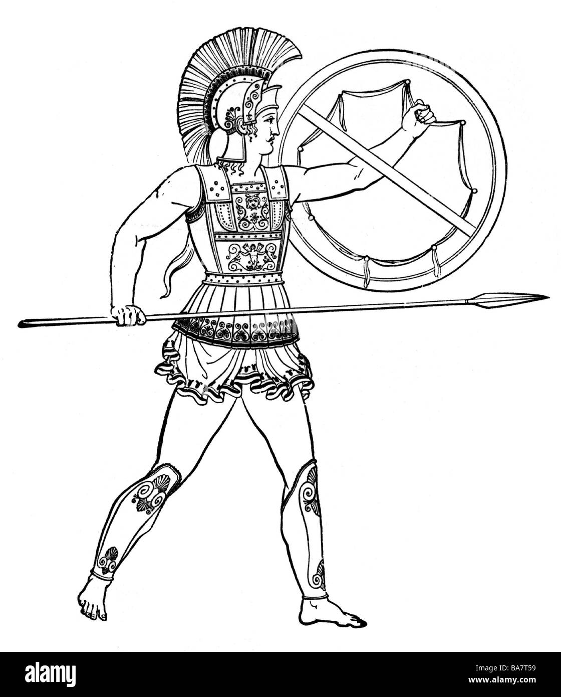 Militär, alte Welt, Griechenland, schwer bewaffneter Krieger (Hoplite), aus einer alten Vase, ca. 4. Jahrhundert v. Chr., Holzgravur, 19. Jahrhundert, Stockfoto