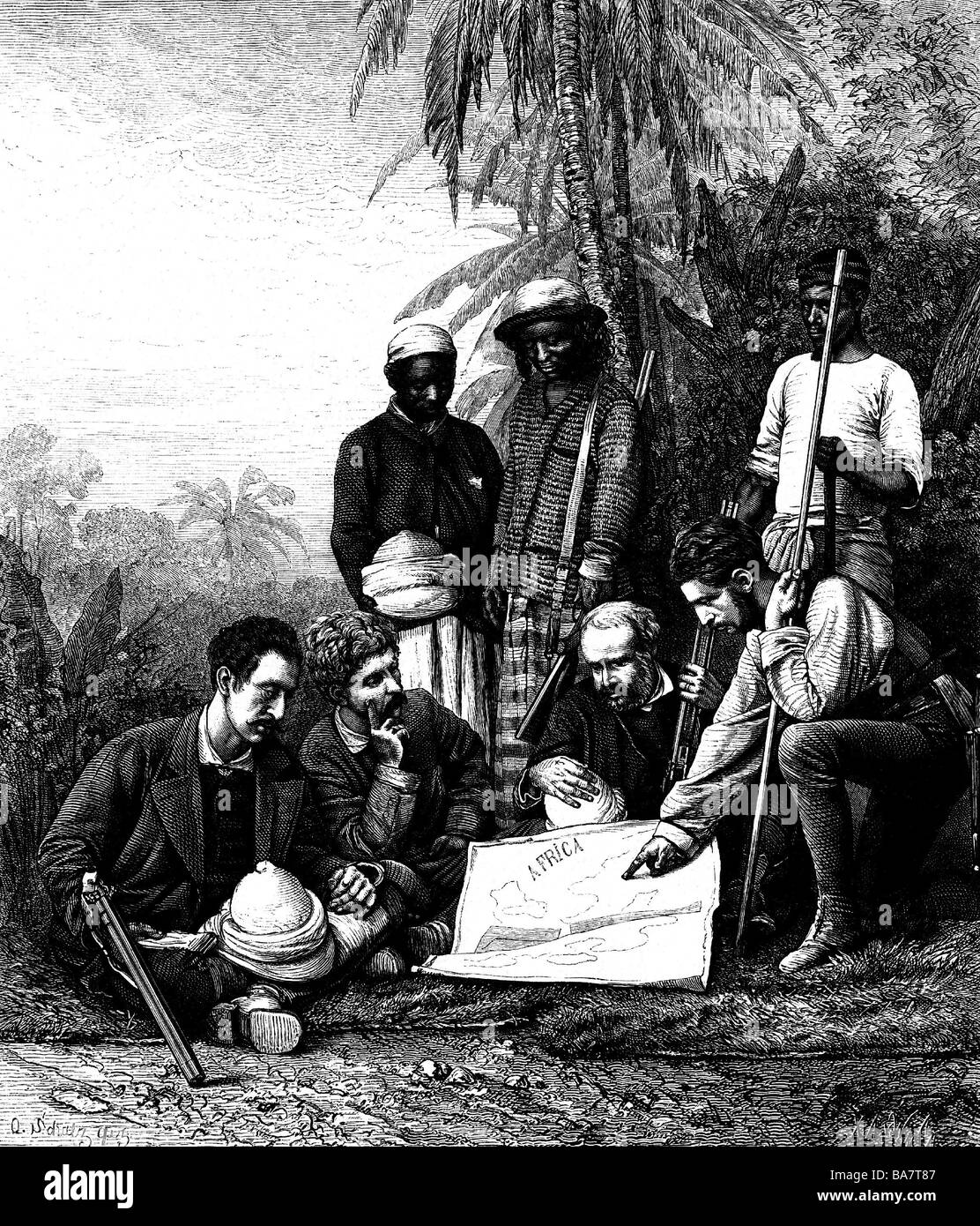 Stanley, Henry Morton (geboren als John Rowlands), 28.1.1841 - 10.5.1904/05, Entdecker in Britisch Afrika, mit Mitgliedern der portugiesischen Gesellschaft in Sao Paolo de Loando, Holzgravur, 1878, nach Foto, Stockfoto