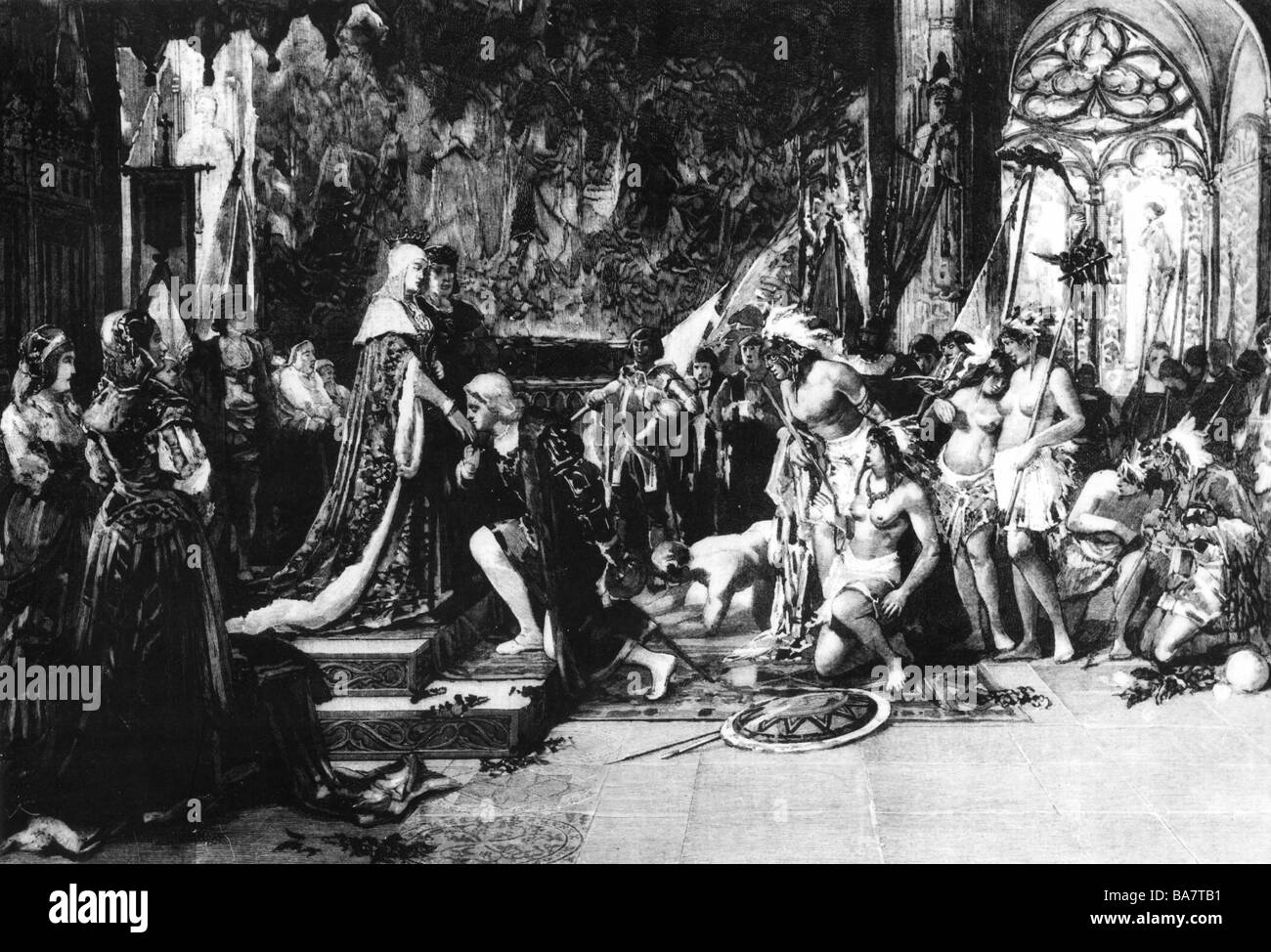 Kolumbus, Christopher, 1451 - 20.5.1506, italienischer Entdecker, erste Reise 1492 / 1493, Empfang der spanischen Monarchen in Barcelona, Bild aus dem 19. Jahrhundert, Stockfoto