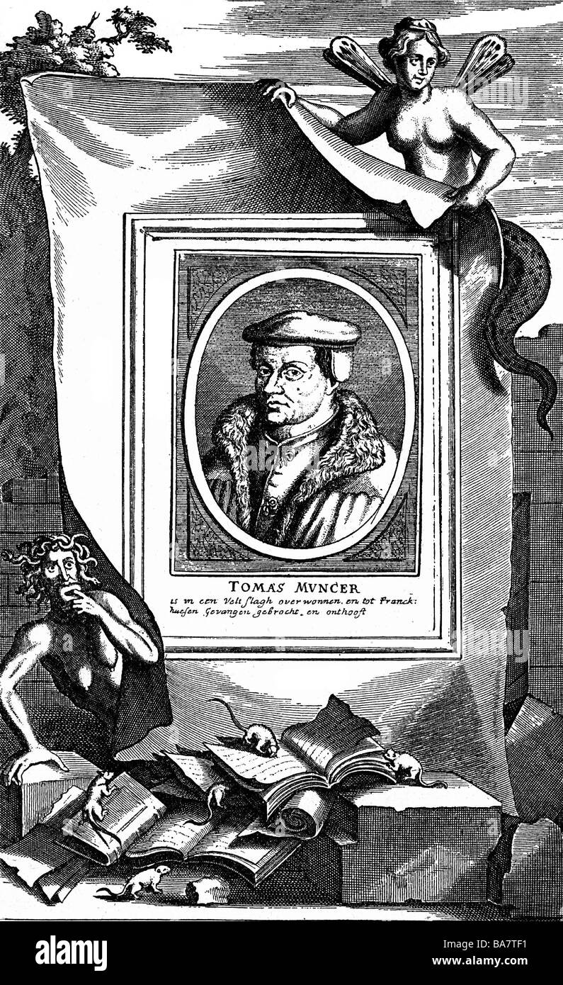 Muentzer, Thomas, 1489 - 27.05.1525, deutscher Geistlicher, Porträt, satirische Kupferstich, 17. Jahrhundert, Artist's Urheberrecht nicht gelöscht werden Stockfoto