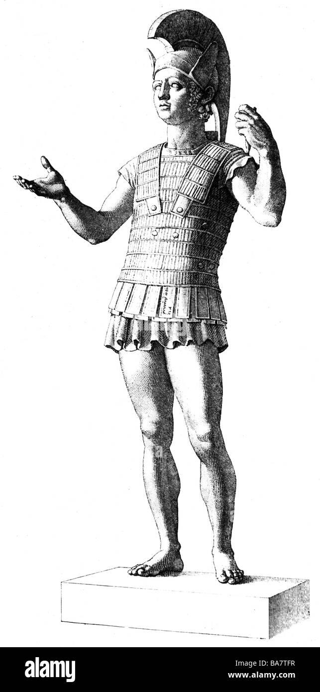 Ares, der griechische gott der Kriegsführung, volle Länge, Holzgravur nach Statue im Museo Gregoriano, Stockfoto