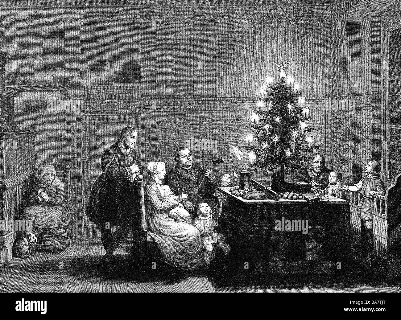 Martin luther mit seiner familie zu weihnachten Schwarzweiß-Stockfotos 