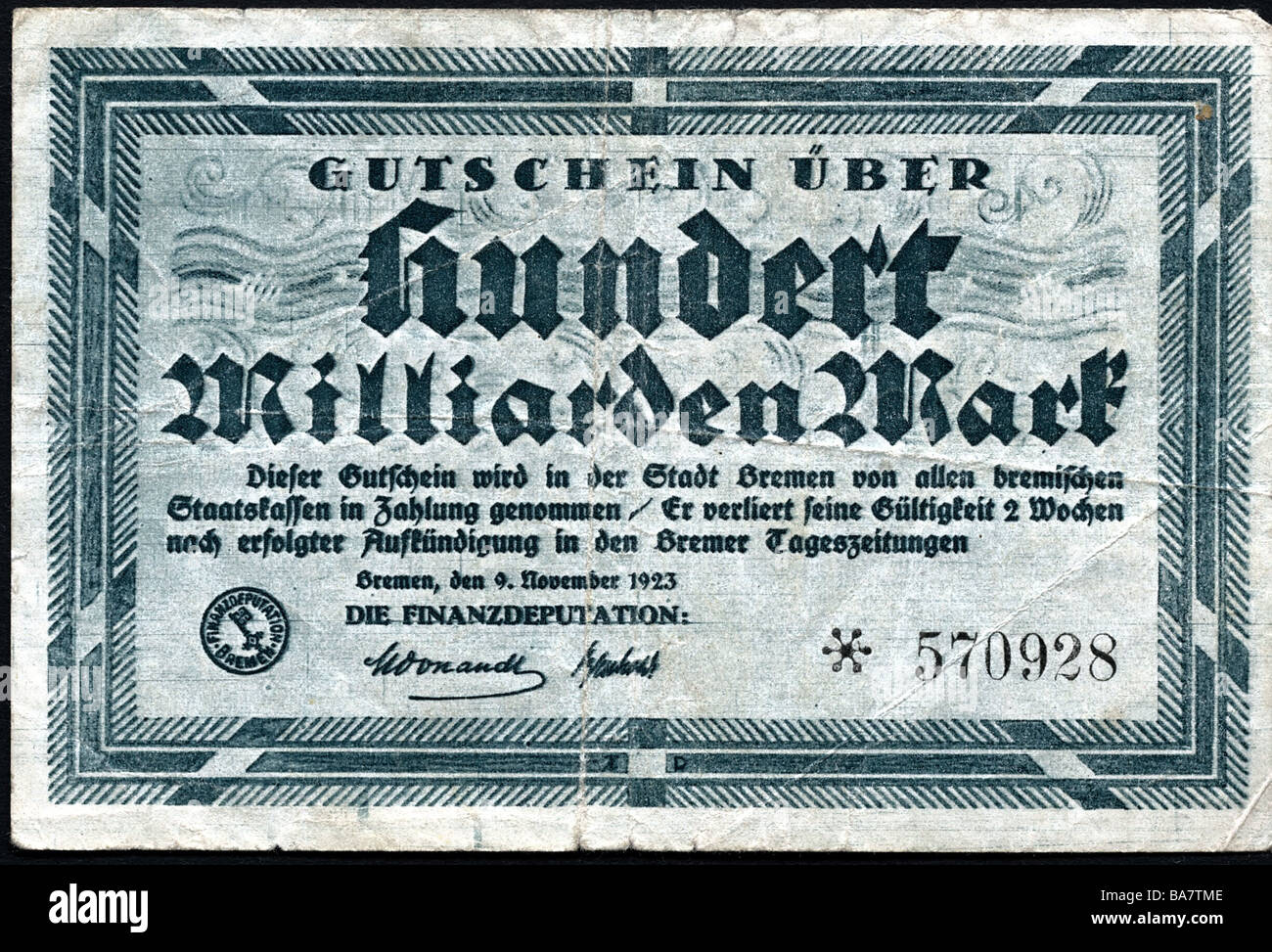 Geld / Finanzen, Banknoten, Deutschland, 100 Milliarden Mark, Notgeld, Token der Stadt Bremen, 9.11.1923, Stockfoto