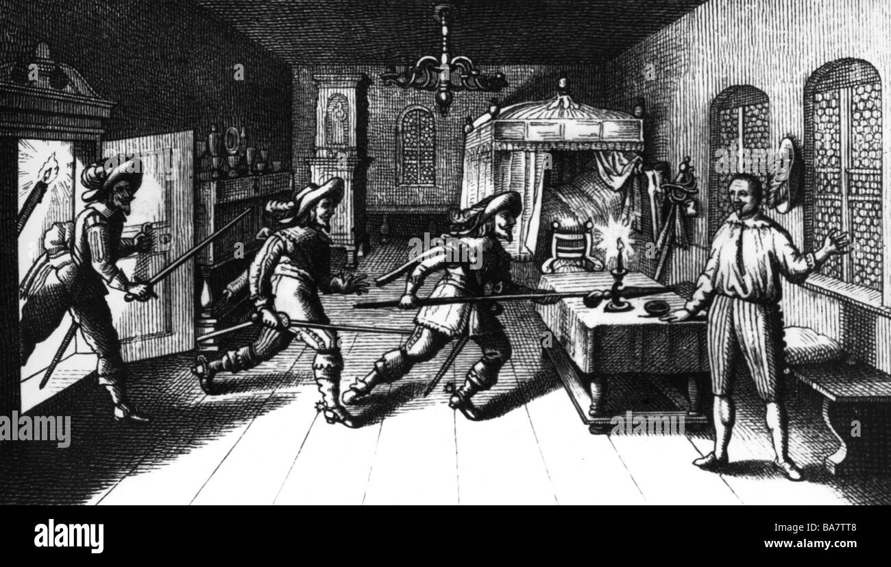 Wallenstein, Albrecht von, 24.9.1583 - 25.2.1634, Imperial allgemein, Tod, Mord in Eger von Captian Walter Devereux, Kupferstich von Matthäus Merian, 1634, Artist's Urheberrecht nicht gelöscht werden Stockfoto