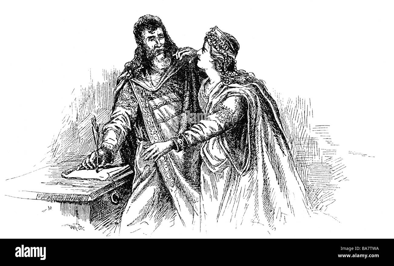 Louis I. "der Fromme", 778 - 20.6 840, römischer Kaiser und König der Franken 28.1.814 - 20.6.840, seine Frau Judith ist für ihren Sohn Karl II., gezeichnet, 19. Stockfoto