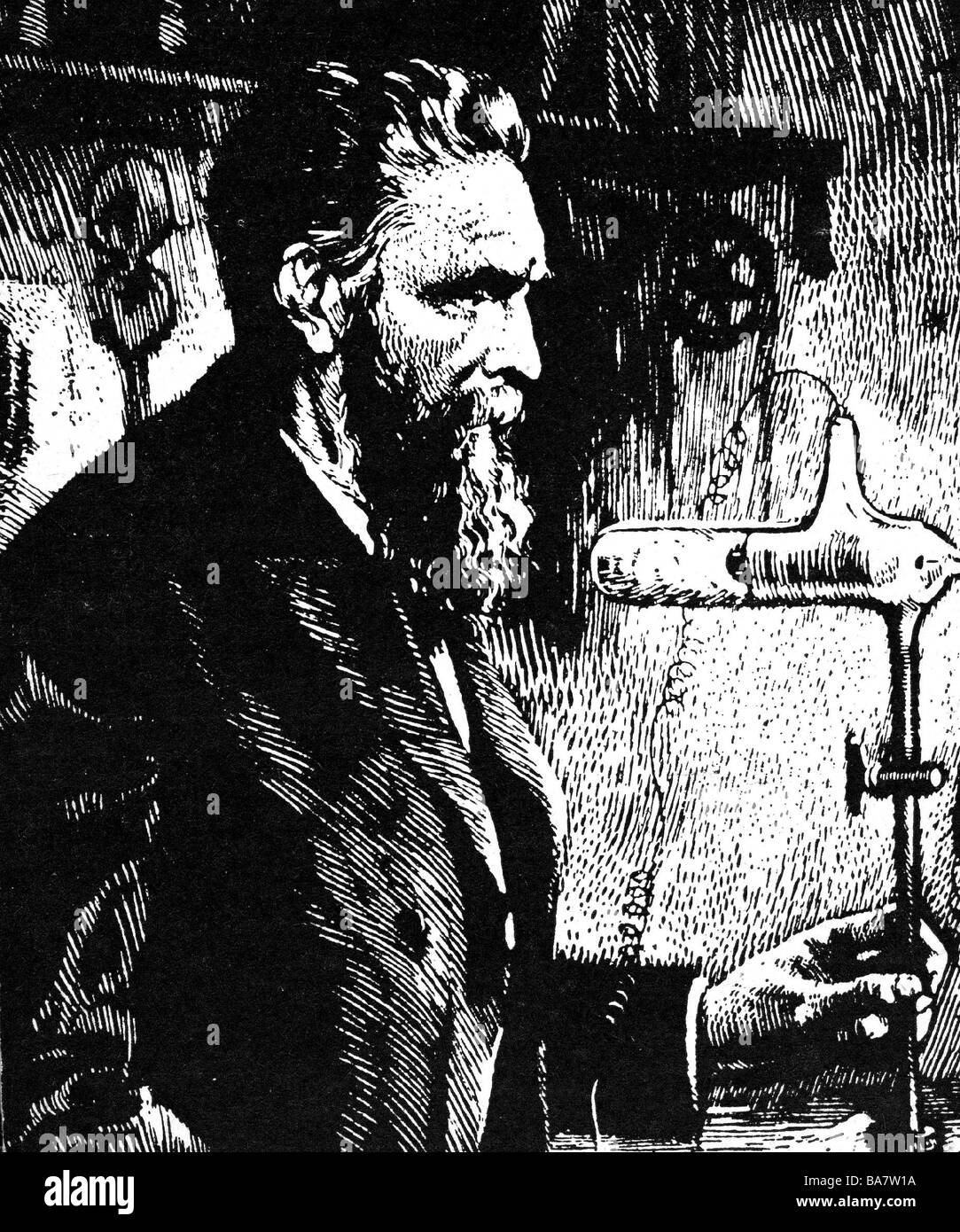Roentgen, Wilhelm Conrad, 27.3.229 - 10.2.1923, deutscher Physiker, halbe Länge, während eines Experiments, Holzschnitt, Stockfoto