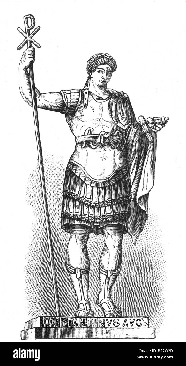 Konstantin I. "der Große" (Flavius Valerius Constantinus) ca. 280 - 2.5.337 n. Chr., römischer Kaiser 306 - 337 n. Chr., volle Länge, Holzgravur, 19. Jahrhundert, nach der antiken Statue, San Giovanni in Laterano, Rom, Stockfoto