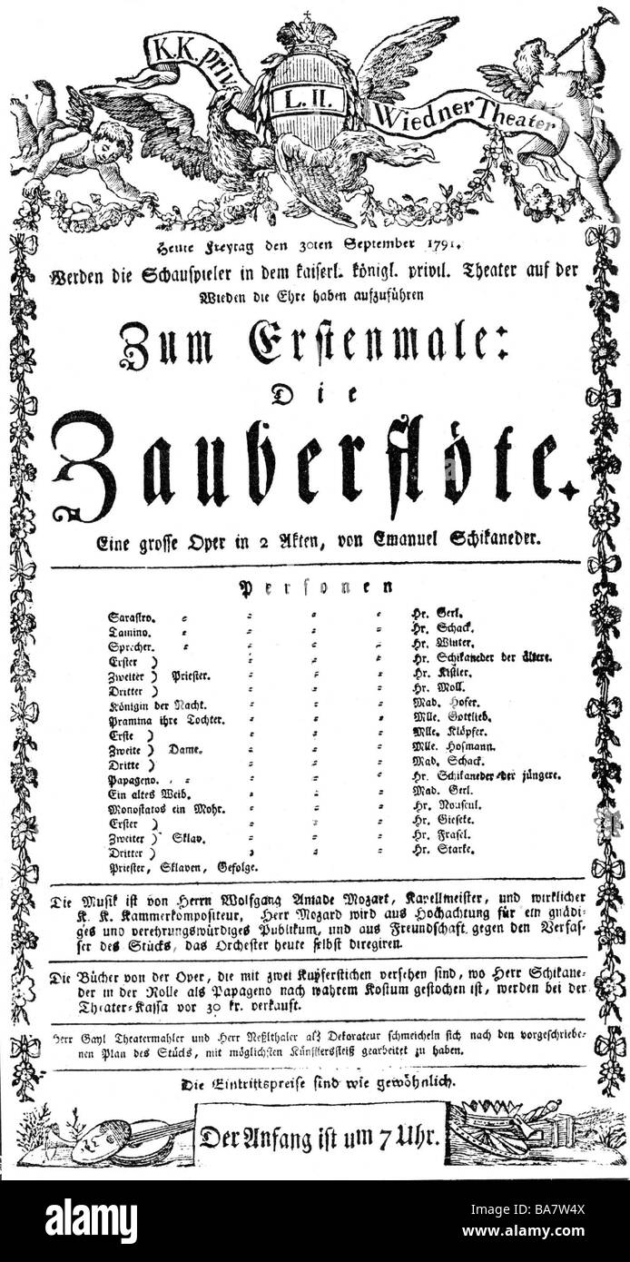 Mozart, Wolfgang Amadeus, 27.1.176 - 5.12.1701, österreichischer Musiker (Komponist), Oper "Die Zauberflöte", Ankündigung der Premiere in Wien, 30.9.1701, Stockfoto