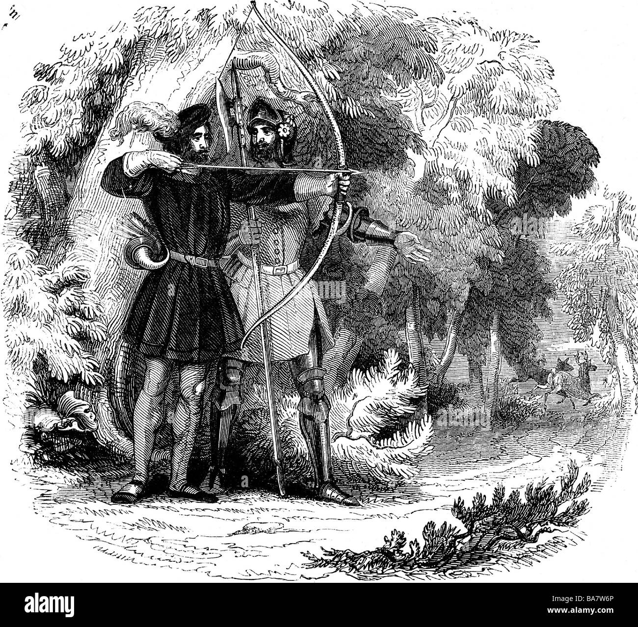 Robin Hood, Brit. Held, Ende des 12. Jahrhunderts, volle Länge, Holzgravur aus dem 18. Jahrhundert, "Robin Hood and his Friends", Stockfoto
