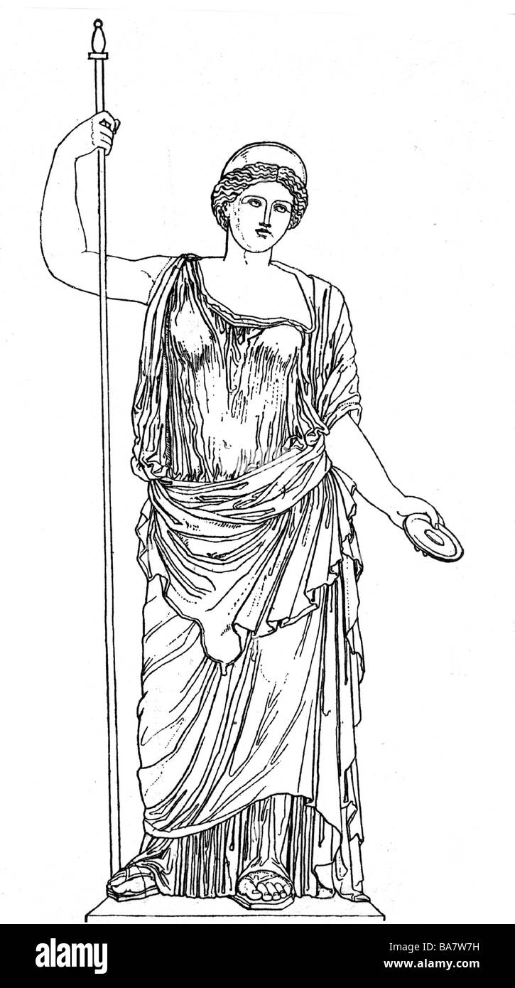 Hera, griechische Gottheit (Juno), Schwester und Frau des Zeus, volle Länge, Zeichnung nach alter Statue, Stockfoto