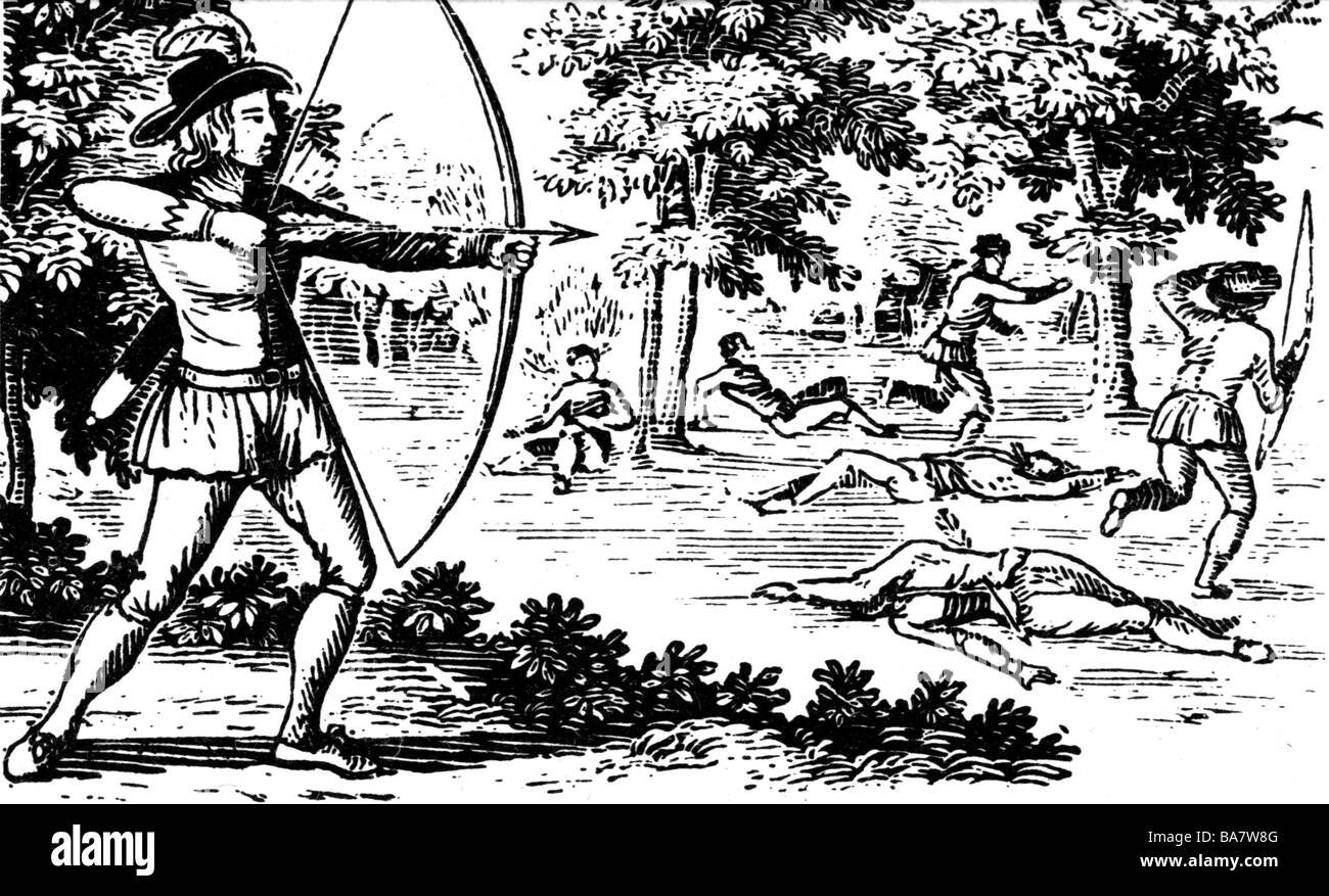 Robin Hood, Brit. Held, Ende des 12. Jahrhunderts, volle Länge, Kämpfe im Sherwood Forest, Holzschnitt aus der Arbeit von Thomas Berwick, ca. um das Jahr 95, Stockfoto