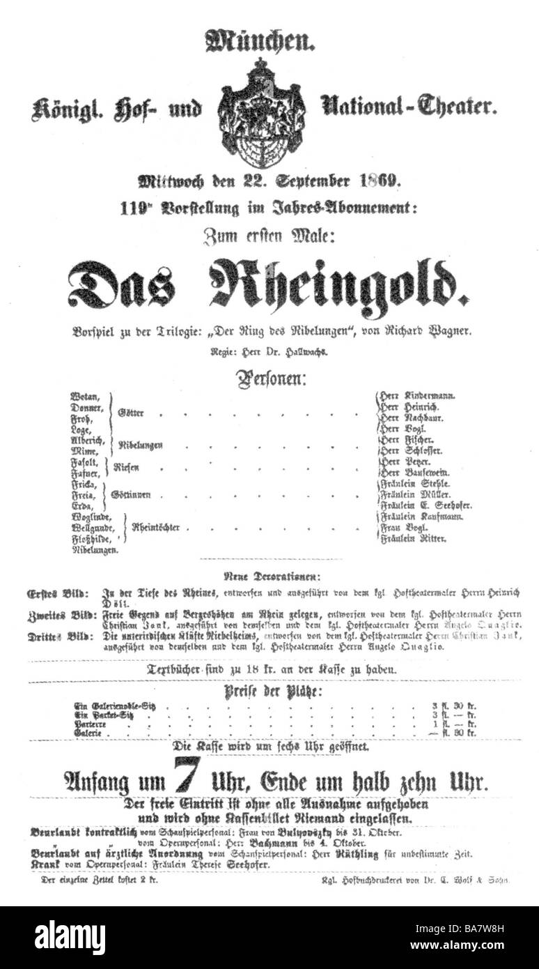 Wagner, Richard, 22.5.1313 - 13.2.1883, deutscher Komponist, Werke, Oper "das Rheingold", Spielrechnung, Premiere, München, 22.9.1869, Stockfoto