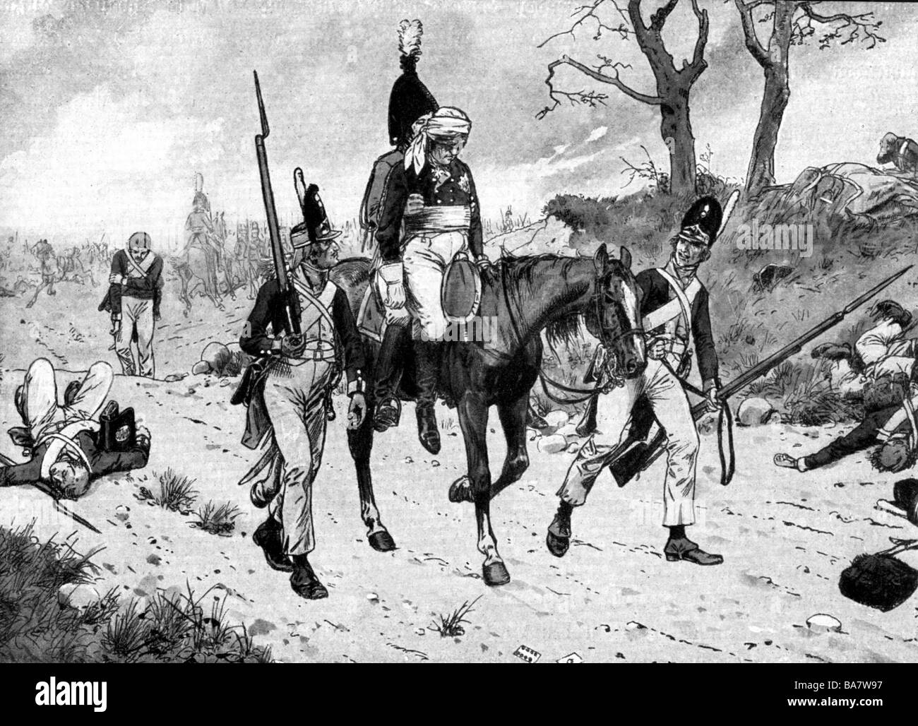 Karl II. William Ferdinand, 9.10.1835 - 10 11.1806, Herzog von Braunschweig-Wolfenbuettel 26.3.1780 - 16.10.1806, preussischer General, wird aus der Schlacht bei Auerstedt, 14.10.1806, unter der Zeichnung von Richard Knoetel, ca. 1906, verwundet. Stockfoto