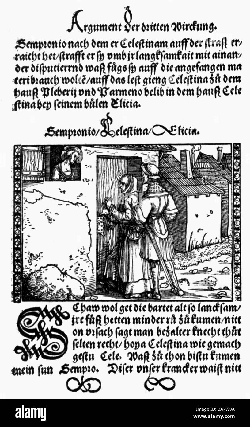 Rojas, Fernando de, 1456 - 1541, spanischer Jurist und Autor/Schriftsteller, Werke, "La Celestina", 1499, Holzschnitt, deutsche Ausgabe, 16. Jahrhundert, Stockfoto