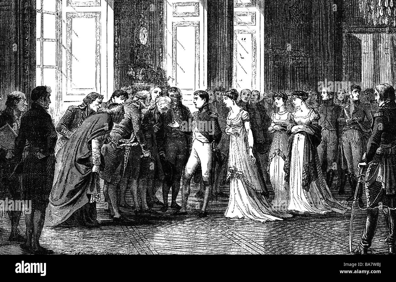 Napoleon I., 15.8.669 - 5.5. Der Kaiser der französischen Sprache 2.12.1804 - 22.6.1815, mit der Kaisersteinbruch-Josephinin an der Heiligen Wolke, Empfang nach dem Durcheinander, Holzgravur, 19. Jahrhundert, Stockfoto