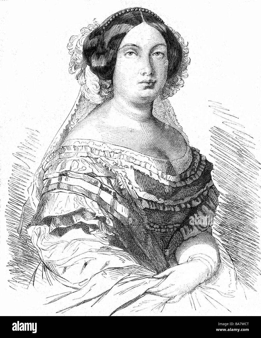 Isella II., 10.10.1830 - 9.4. 1904/05, Königin von Spanien 29.9.181 - 30.9.1868, halbe Länge, Holzgravur, 1860, Stockfoto