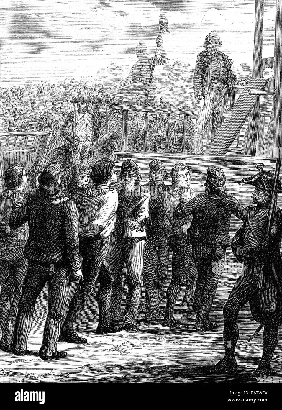 Geographie/Reisen, Frankreich, französische Revolution 1789 - 1799, revolutionärer Terror, Partisanen von Georges Danton werden zur Guillotine gebracht, Place de la Revolution, Paris, 5.4.1704, Holzgravur, Ende des 19. Jahrhunderts, Terreur, historisch, Hinrichtung, Gefangene, 18. Jahrhundert, Place de Concorde, Menschen, Stockfoto