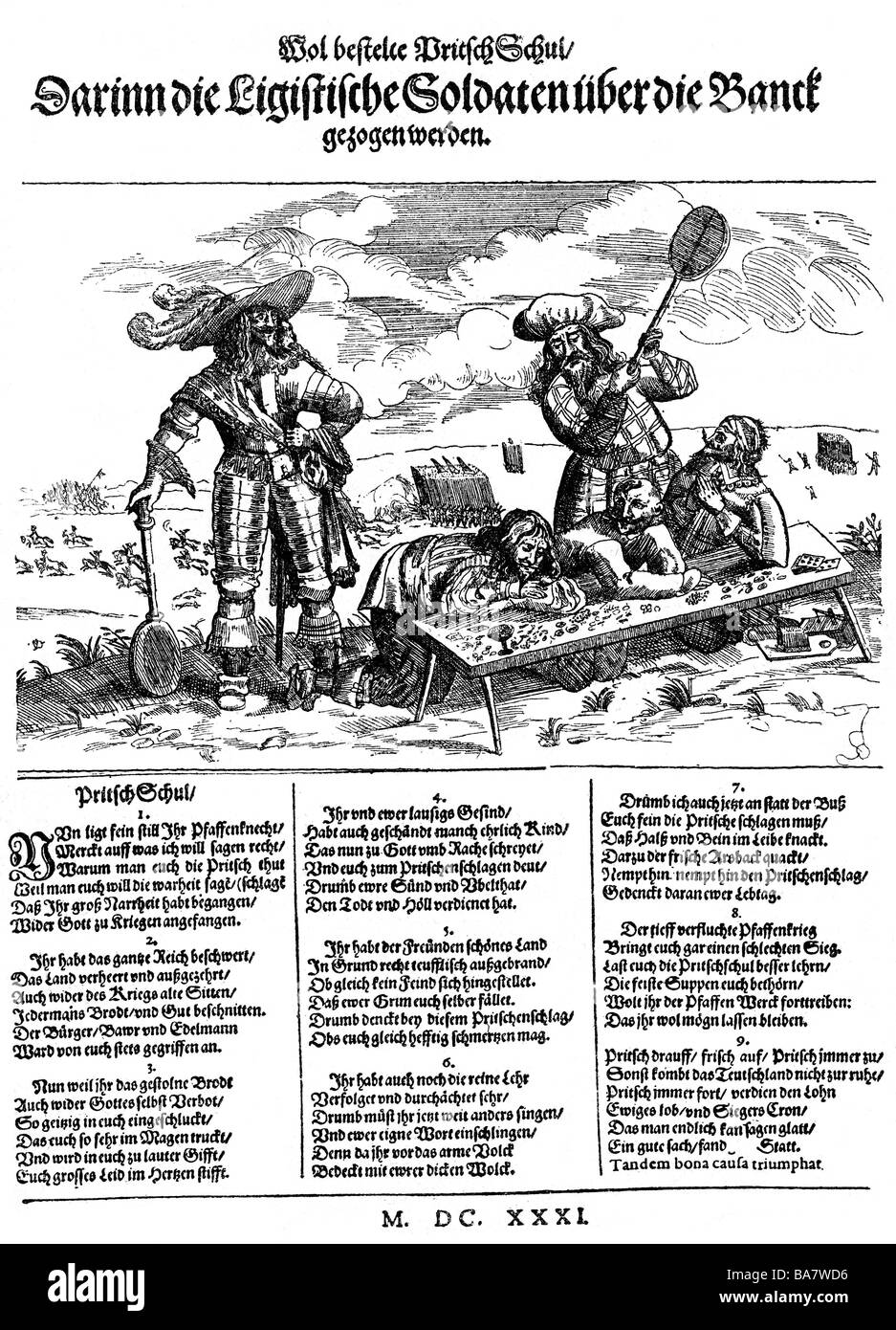 Ereignisse, Dreißigjähriger Krieg 1616 - 1648, schwedische Intervention, Schlacht bei Luetzen, 16.11.1632, Protestantisches satirisches Fliegenblatt, 1632, Stockfoto