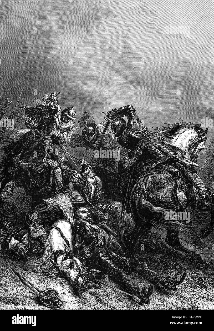 Gustavus Adolphus, 19.12.1594 - 16.11.1632, König von Schweden 30.10.1611 - 16.11.1632, Tod in der Schlacht bei Luetzen, Holzgravur nach Zeichnung von A de Neville, 19. Jahrhundert, Stockfoto