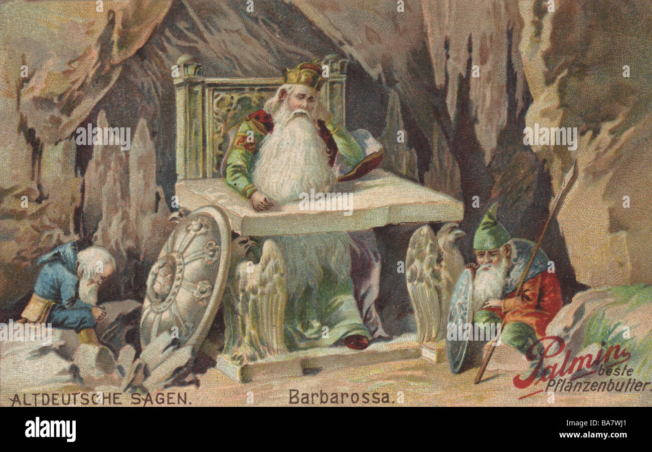 Friedrich I. 'Barbarossas', ca. 1122 - 10.6.1190, König von Deutschland, Heiliger römischer Kaiser 18.6.1155 - 10.6.1190, schlafend in der Kyffhaeuser, Farbzeichnung, Anzeige für Palmin-Kräuterbutter, ca. 1910, Reihe 'Deutsche Volksmärchen', Stockfoto