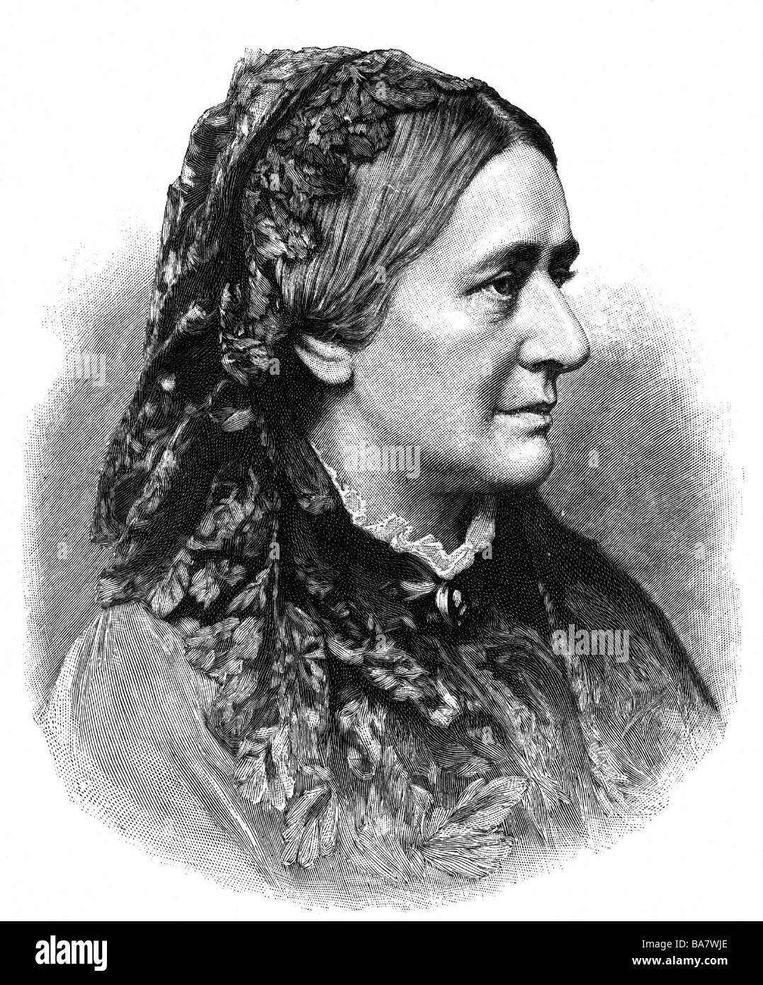 Schumann, Clara, 13.9.1819 - 20.5.1899, deutscher Pianist, Komponist, Porträt, Seitenansicht, Gravur nach einem Foto von Arthur Marx, Stockfoto
