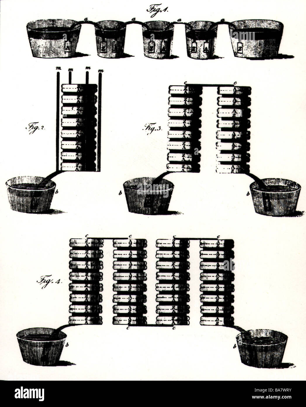 Volta, Alessandro, Graf, 18.2.1745 - 5.3.187, italienischer Physiker, sein "Voltaic Pile", schematische Darstellung, 19. Jahrhundert, Stockfoto