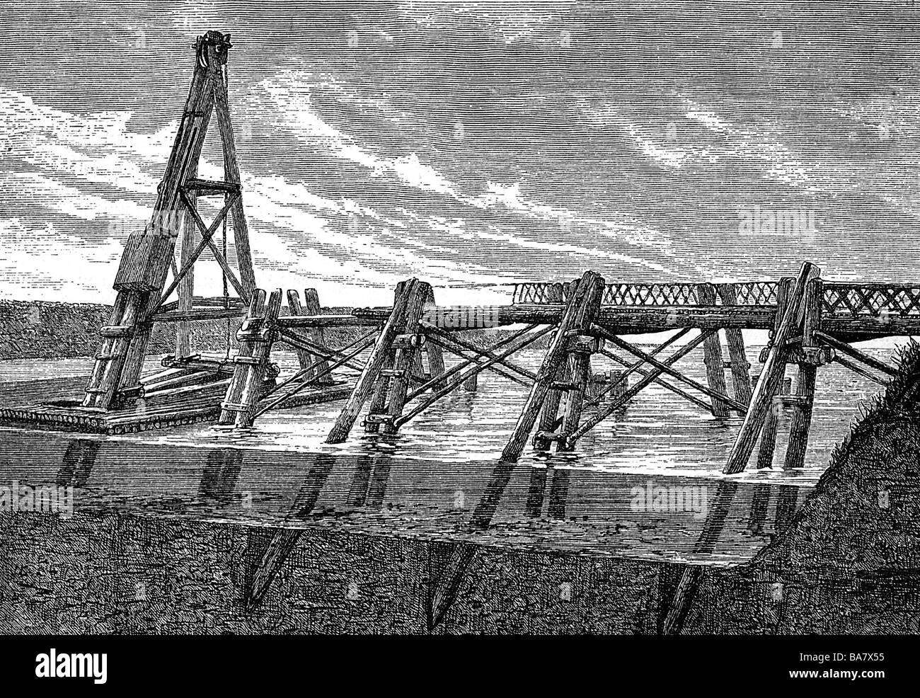 Architektur, Brücken, römische Brücke von Gaius Iulius Caesar über den Rhein bei Neuwied, 55 v. Chr., Rekonstruktion, Holzgravur nach dem Wiederaufbau, Saint Germain Museum, 19. Jahrhundert, Antike, Antike, Römer, Gallische Kriege, Römisches Reich, Militär, Ingenieure, Überquerung, Fluss, Deutschland, historisch, historische, antike Welt, Menschen, Stockfoto