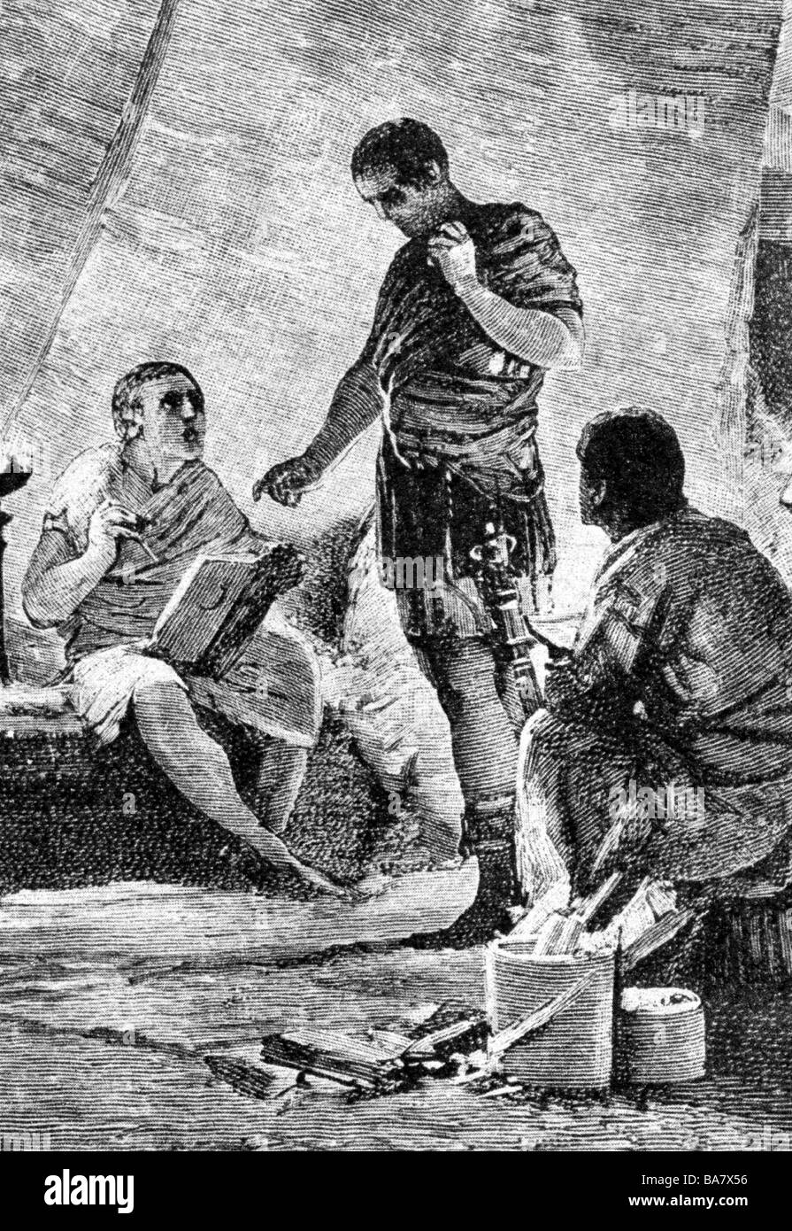 Caesar, Gaius Julius, 13.7.100 - 15.3.44 v. Chr., römischer Politiker, Diktat seines Buches "Kommentare zum Bürgerkrieg", 48/47 v. Chr., Holzgravur, 19. Jahrhundert, Stockfoto