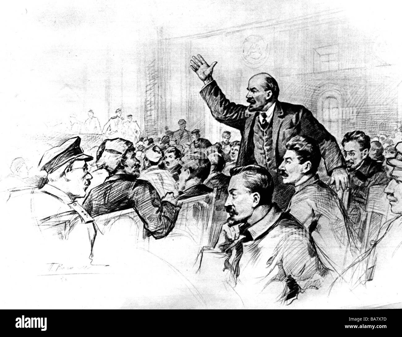 Lenin (Vladimir Iljich Uljanow), 22.4.1870 - 21.1.1924, russischer Politiker, halb so lang, sprach auf dem ersten Kongress der Kommunistischen Partei der gesamten Union, Juni 1917, wobei er von P. Vassiljew zeichnete, Stockfoto