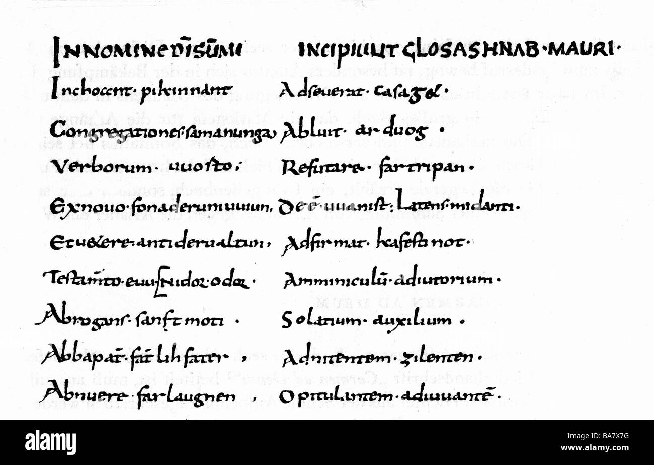 Rabanus Maurus, 780 - 4.2.856, deutscher Geistlicher, Erzbischof von Mainz 847 - 856, Schrift, Anfang des Glossars, Stockfoto
