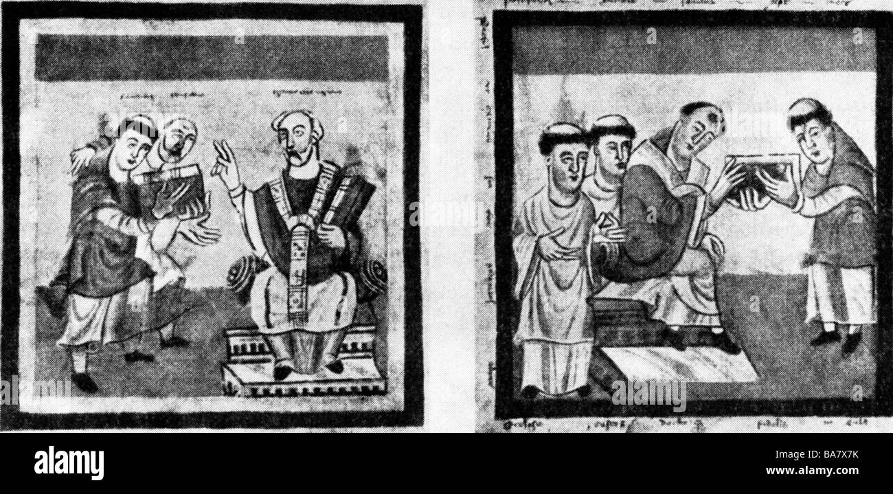 Rabanus Maurus, 780 - 4.2.856, deutscher Geistlicher, Erzbischof von Mainz 847 - 856, Schrift, die seine Bücher der Kirche gibt, zwei Miniaturen, Stockfoto