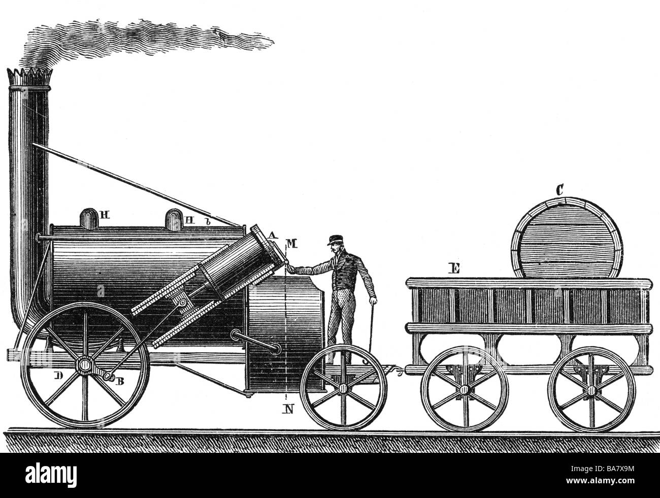 Transport/Transport, Eisenbahn, Lokomotiven, Dampflok, "The Rocket", George Stephenson, 1829, Holzgravur, 19. Jahrhundert, Stockfoto