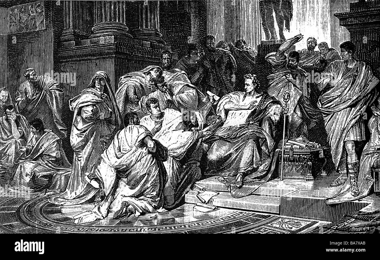 Caesar, Gaius Julius, 13.7.100 - 15.3.44 v. Chr., römischer Politiker, Attentat, Holzgravur, 19. Jahrhundert, Stockfoto