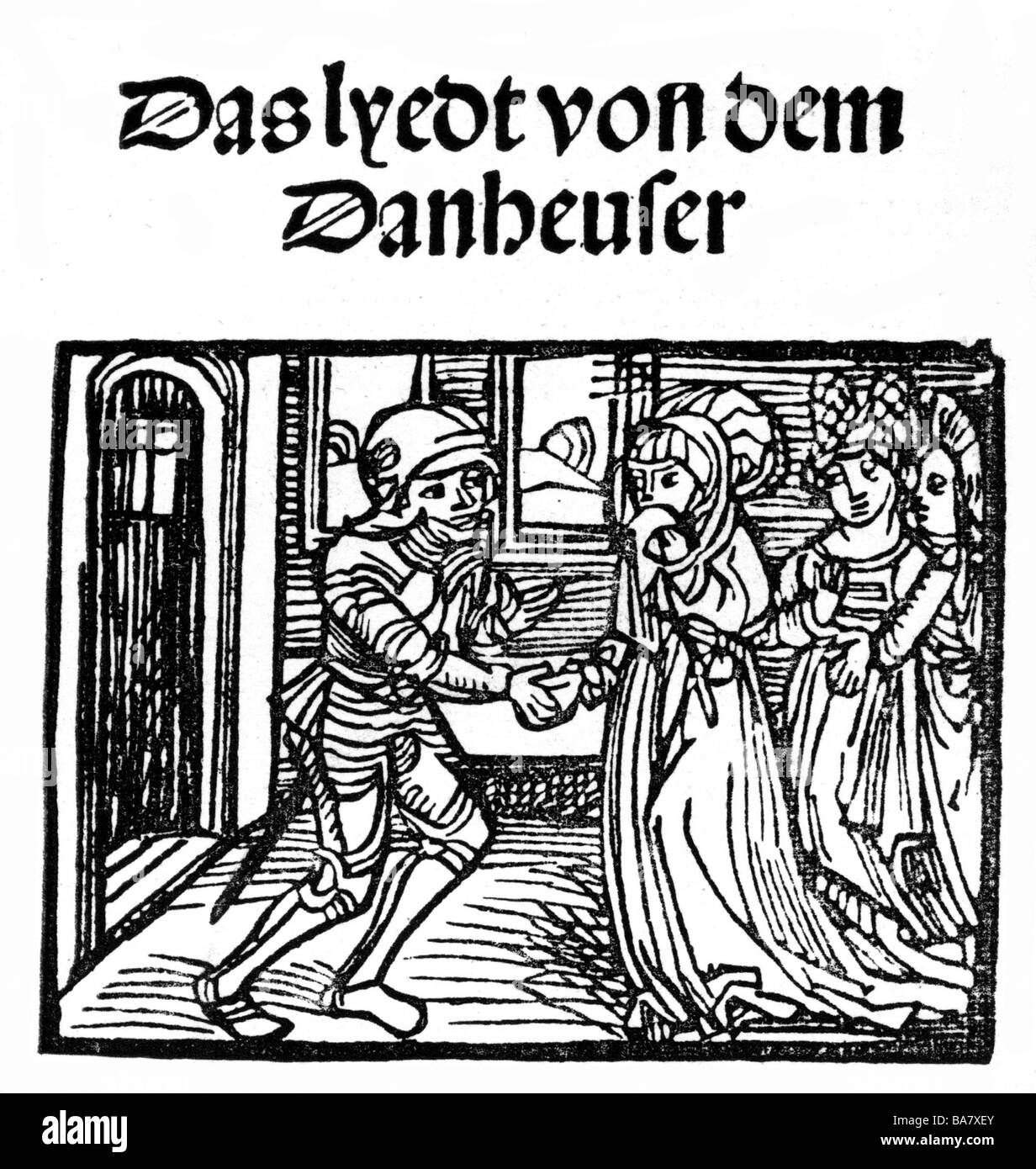 Tannhaeuser, + ca. 1270, deutscher Minnesänger, volle Länge, "das Lied der Tannhaeuser", gedruckt von Jobst Gutknecht, Nürnberg, Deutschland, 1515, Titel, Holzschnitt, Stockfoto