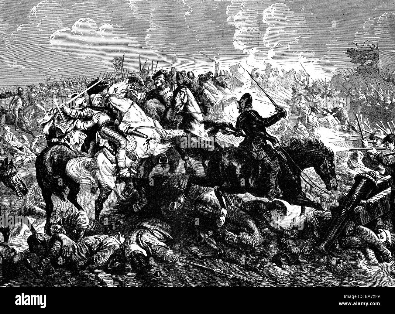 Ereignisse, Dreißigjähriger Krieg 1616 - 1648, schwedische Intervention, Schlacht bei Luetzen, 16.11.1632, Feldmarschall Pappenheim ist tödlich verletzt, Holzgravur, 19. Jahrhundert, Stockfoto