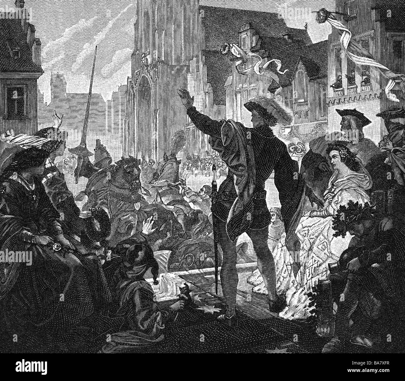 George 'der Reiche', 15.8.1455 - 1.12.1503, Herzog von Bavaria-Landshuter 18.1.1479 - 1.12.1503, Hochzeit mit Jadwiga Jagiellon, Landshuter, 1475, Holzgravur, 19. Jahrhundert, Stockfoto