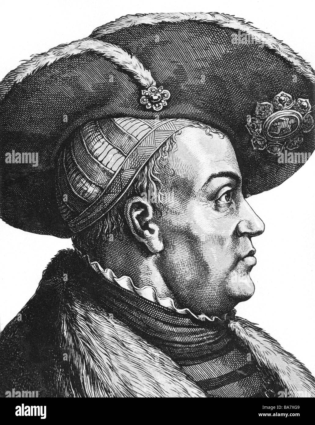 Joachim I. Nestor, 21.2.1484 - 11.7.1535, Kurfürst von Brandenburg seit 9.1.1499, Porträt, Seitenansicht, Gravur, 19. Jahrhundert, Stockfoto