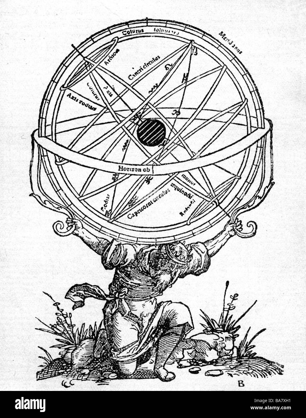 Atlas, Titan, griechische Mythenfigur, Erde auf seinen Schultern tragend, Opusculum geographicum, 1533, Stockfoto