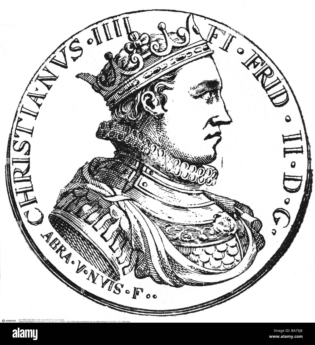 Christian IV., 12.4.1577 - 28.2.1648. König von Dänemark und Norwegen 4.4.1588 - 28.2.1648, Porträt, Münze, Holzgravur, 19. Jahrhundert, Stockfoto