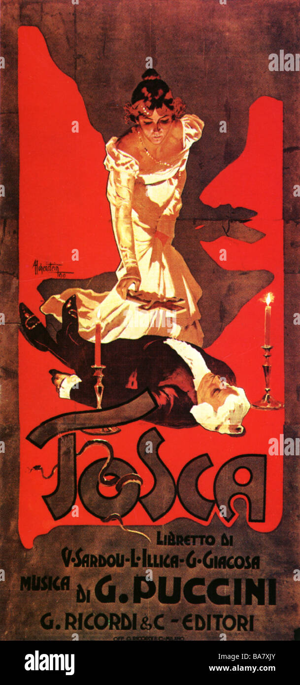Puccini, Giacomo, 22.12.1858 - 29.11.1924, italienischer Musiker (Opernkomponist), Plakat, Oper "Tosca", Weltpremiere 1900, Stockfoto