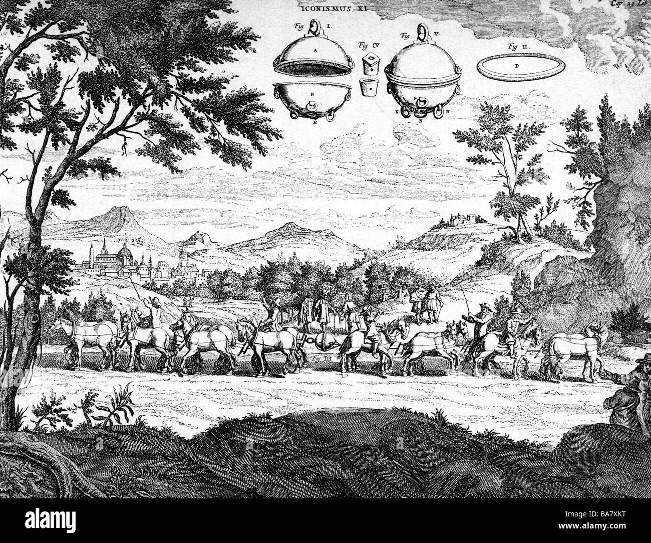 Otto-von-Guericke-Universität, 20.11.1602 - 11.5.1686, Deutsche Wissenschaftler (Physiker), Experiment 'Magdeburg Halbkugeln', Holzstich nach Kupferstich, Jahrhundert, Artist's Urheberrecht nicht gelöscht werden Stockfoto