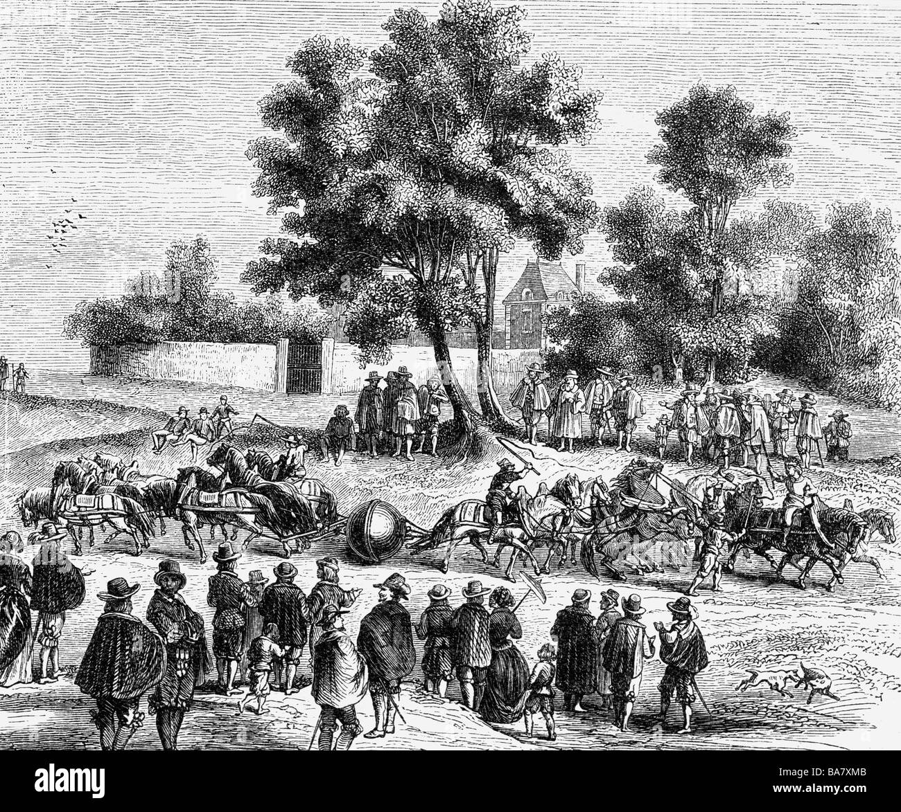 Guericke, Otto von, 20.11.1602 - 11.5.1686, deutscher Wissenschaftler (Physiker), Experiment 'Magdeburger Hemisphären', Holzgravur, 19. Jahrhundert, Stockfoto