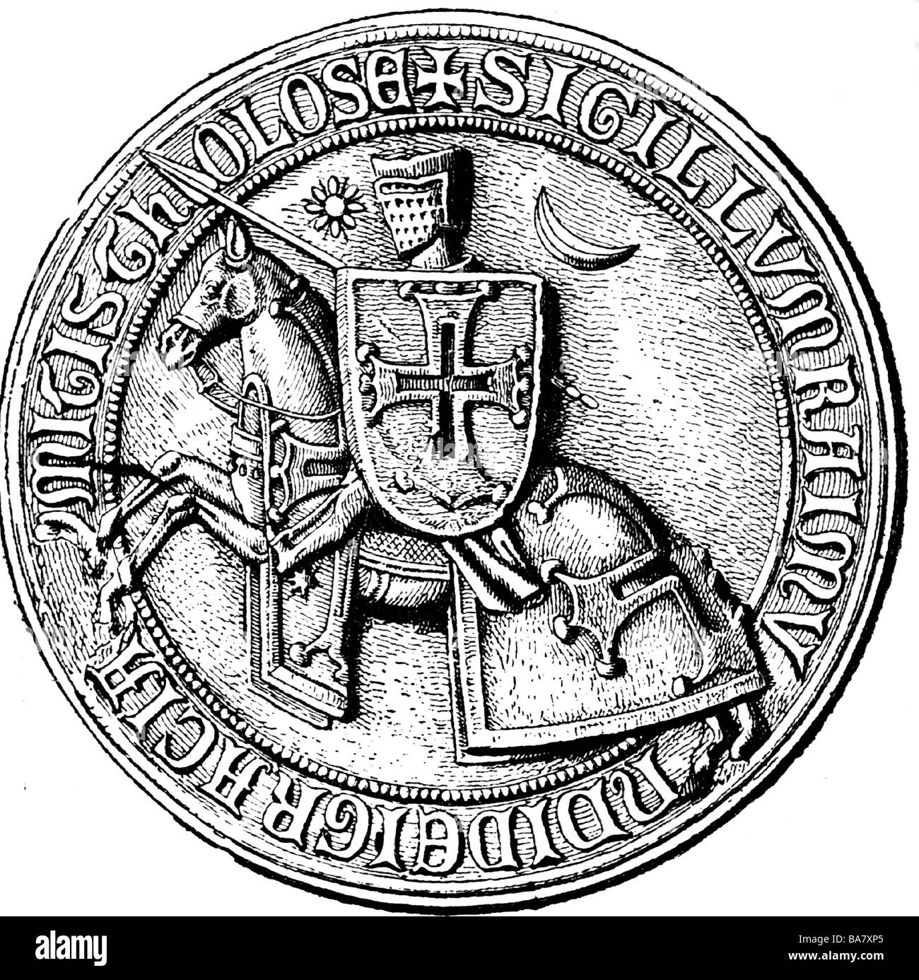 Raymond VI., 27.10.1156 - 2.8.1222, Graf von Toulouse, 124 - 1215 und 1218 - 1222, Reiterporträt, Siegel, Holzgravur, 19. Jahrhundert, Stockfoto