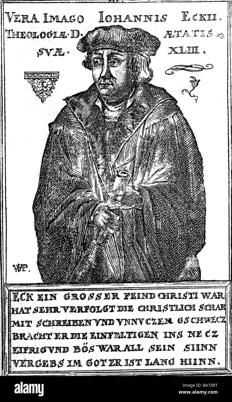 Eck, Johann, 13.11.1486 - 15.2.1543, deutscher katholischer Theologe, halbe Länge, protestantischer Holzschnitt, nach 1543, Stockfoto