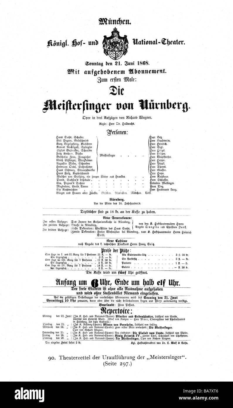 Wagner, Richard, 22.5.1813 - 13.2.1883, deutscher Komponist, Werke, Oper 'Die Meistersinger von Nürnberg', Spielrechnung, Premiere, 21.6.1868, Nationaltheater, München, Stockfoto